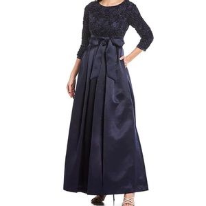 Jessica Howard Floral Lace Sequin Satin 3/4 Sleeve Belt Ball Gown Size 16